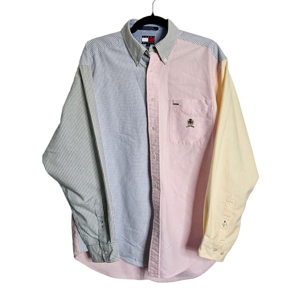 Vtg Tommy Hilfiger M Button Down Shirt Colorblock Colorful Stripe Pony Easter